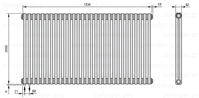 Схема (чертеж) Радиатор Zehnder Charleston 2200/29 №3370 Белый глянцевый RAL 9016